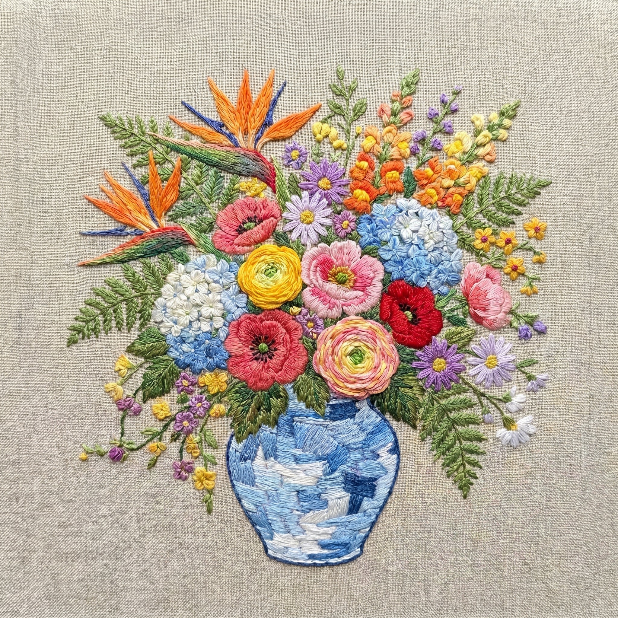 linen embroidery wall art flowers