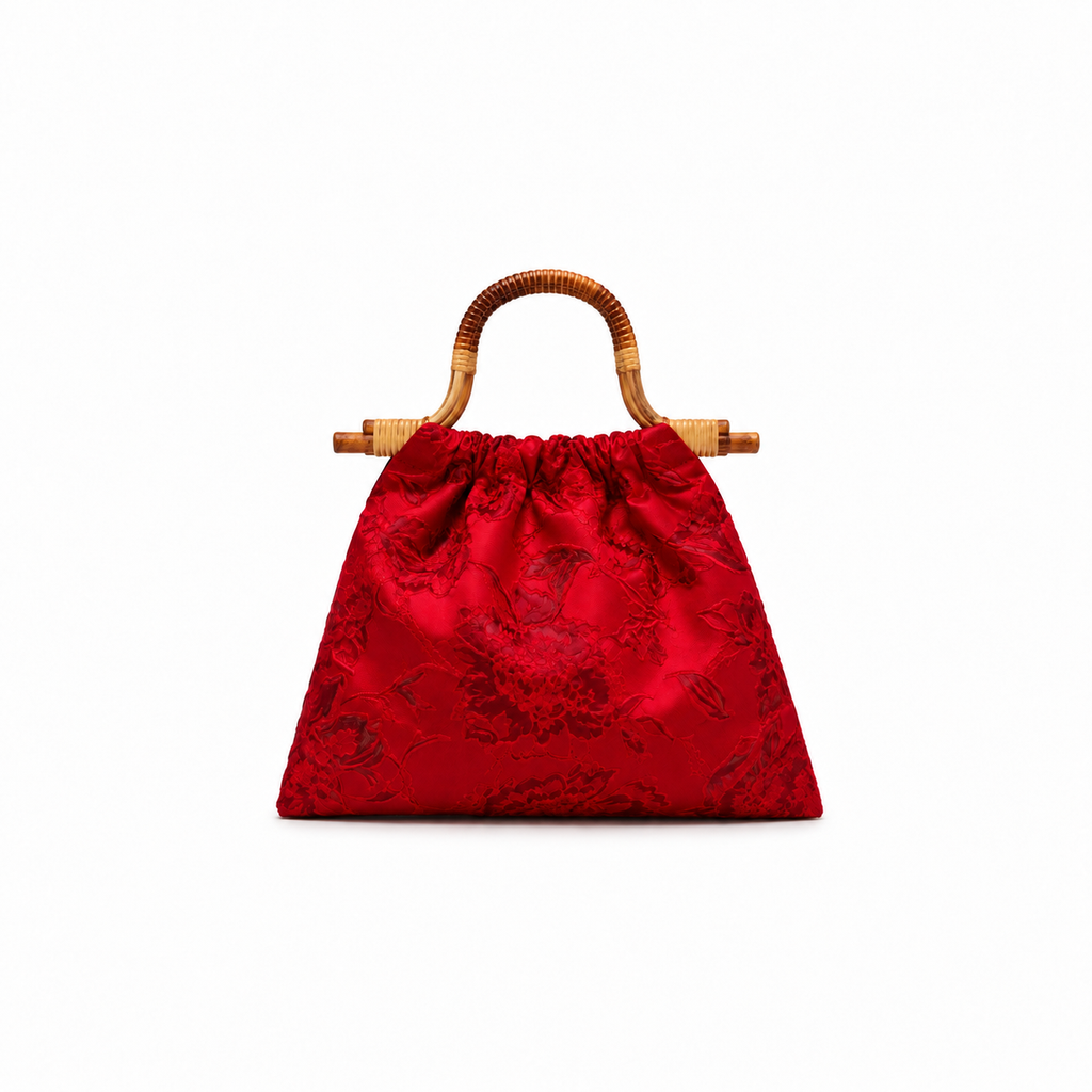 Crimson Floral Jacquard Bamboo Handle Bag