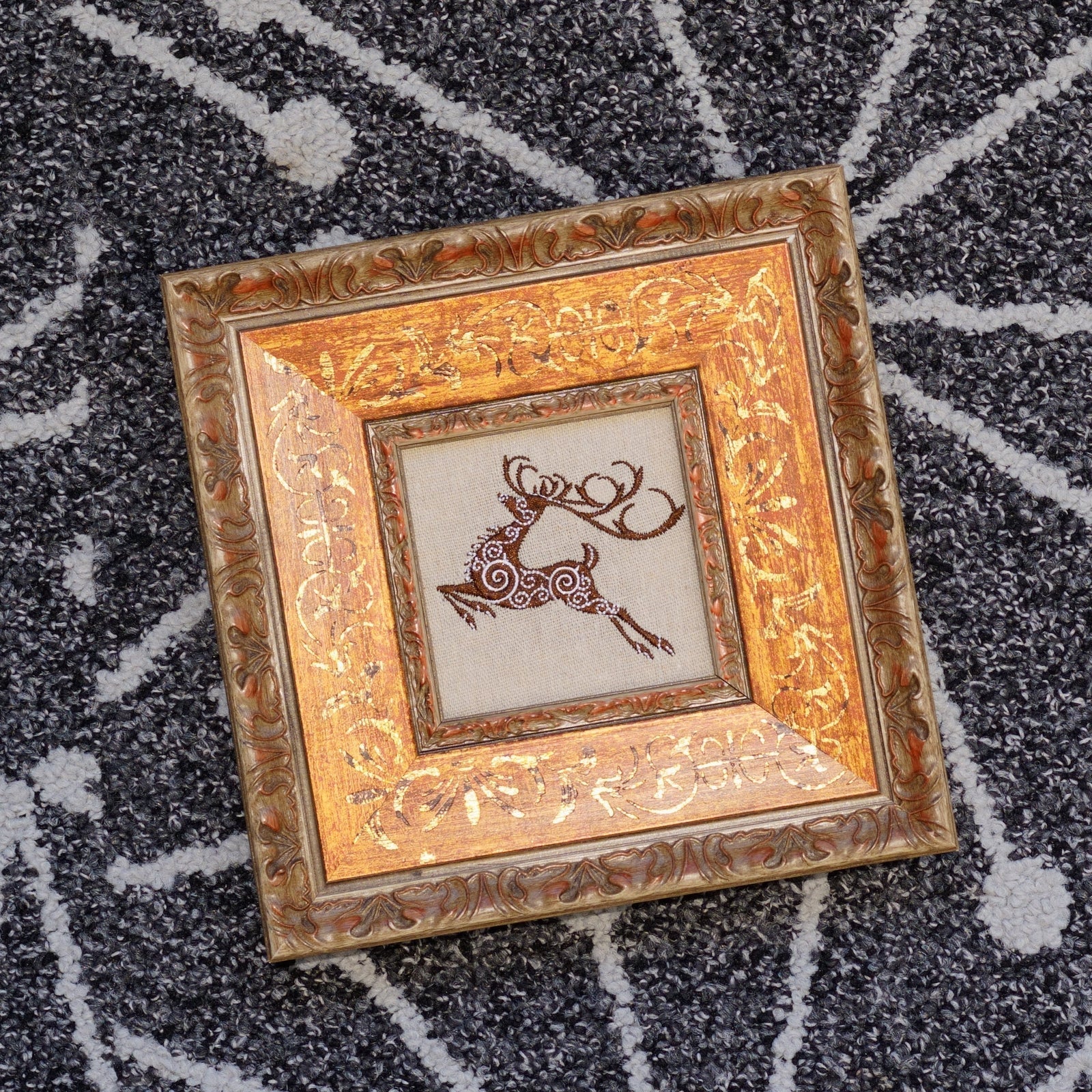 Leaping stag embroidery in a solid golden wood frame, Framed deer needlepoint, Celtic deer wall art