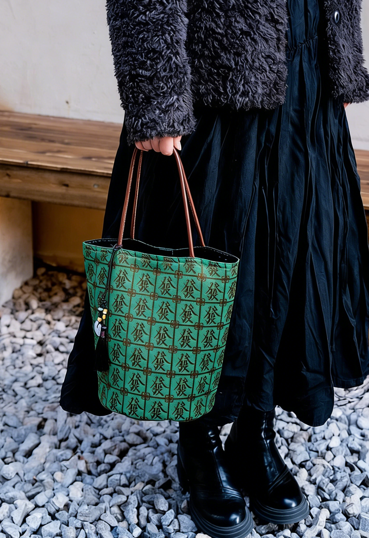 "Prosperity" Emerald Jacquard Bucket Bag