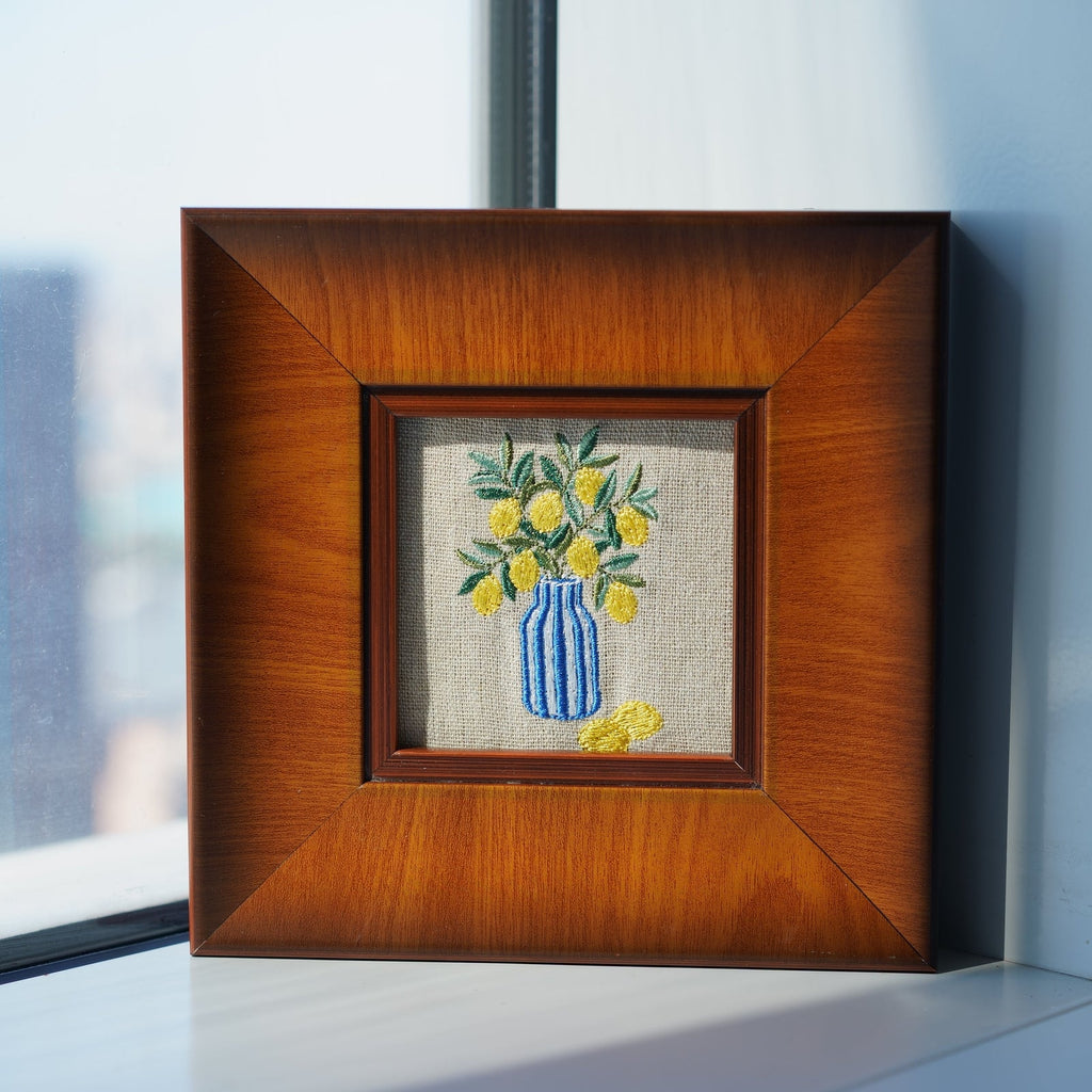 Unique handmade lemon embroidery framed in wood. A beautiful housewarming, wedding, birthday, or Mother's Day gift for art an