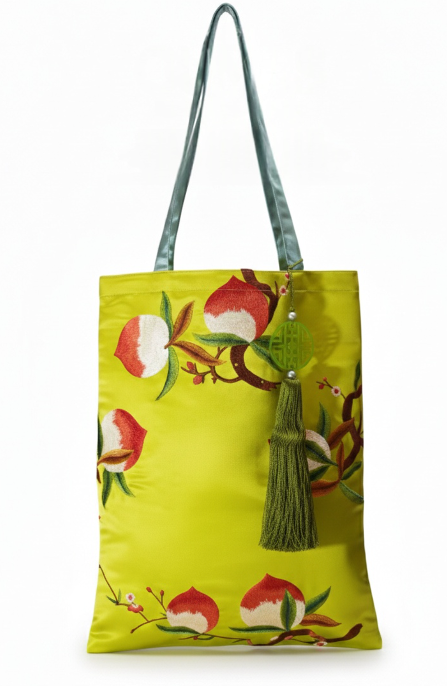 Silk Embroidered "Longevity Peach" Tote