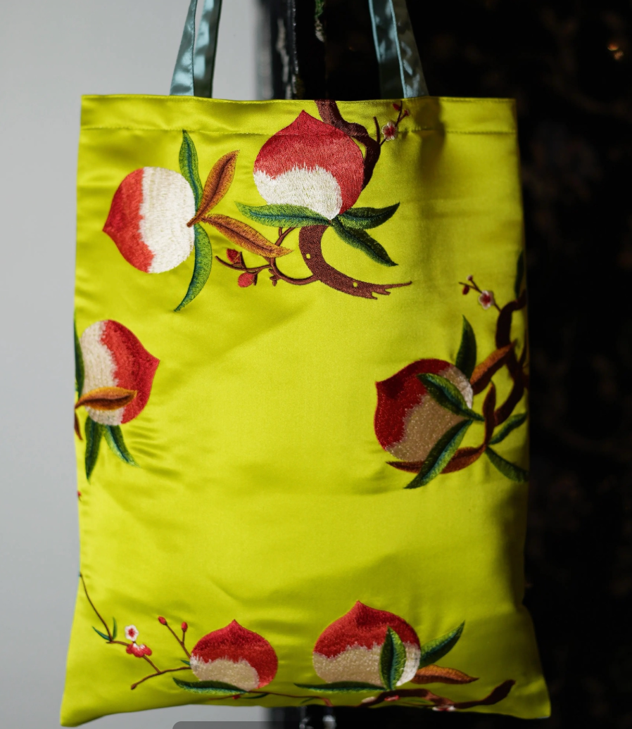 Silk Embroidered "Longevity Peach" Tote