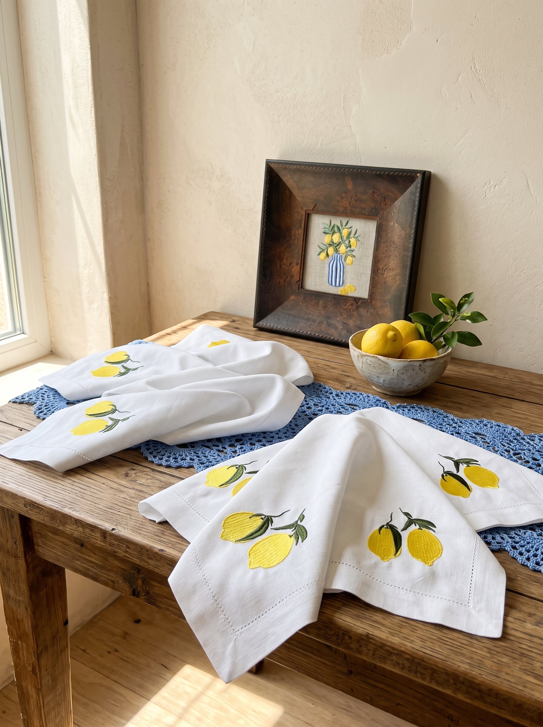 The Amalfi Lemon Grove Gift Set (Set of 4 Linen Napkins + Framed Embroidery Art)
