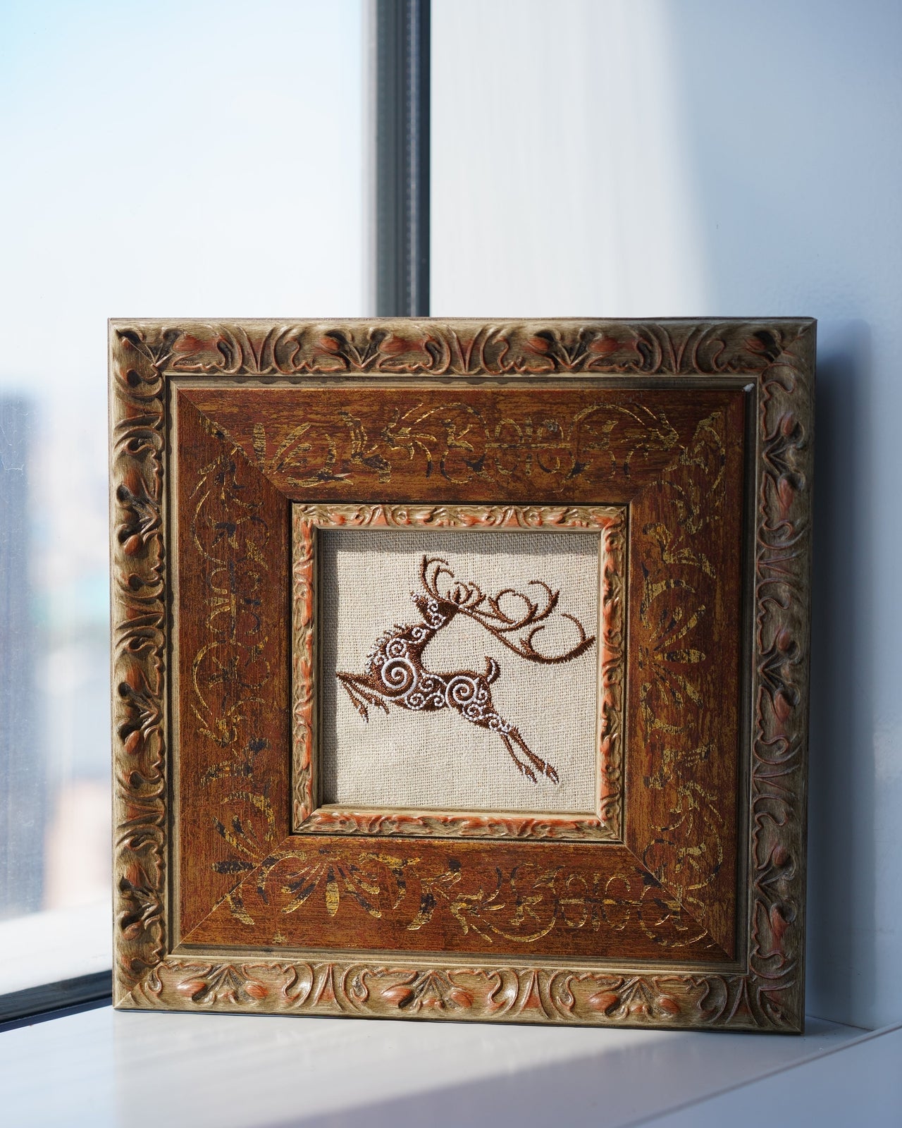 Leaping stag embroidery, Framed deer needlepoint, Celtic deer wall art