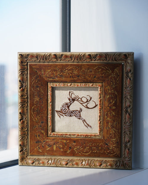 Leaping stag embroidery, Framed deer needlepoint, Celtic deer wall art