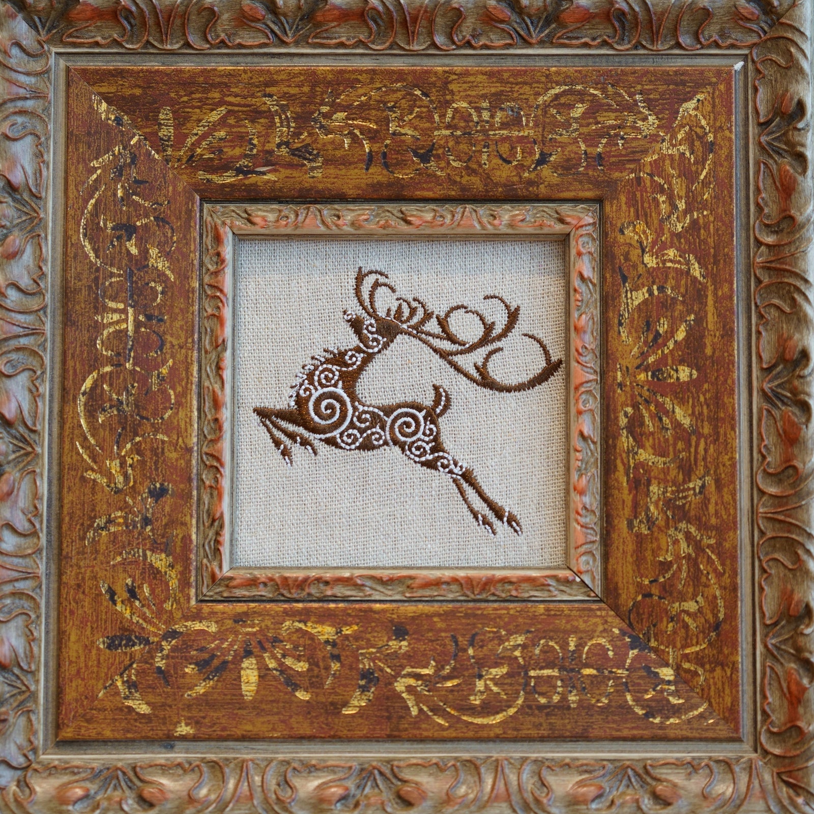 The Leaping Stag Embroidery Wall Art | Antique Gold and Brown Framed Artwork | 8.8" x 8.8"