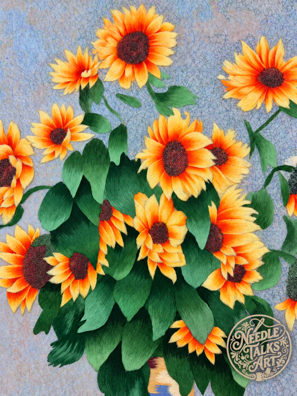 Close-up of yellow sunflower petals, brown flower centers and green leaves in Where Sunshine Stays.