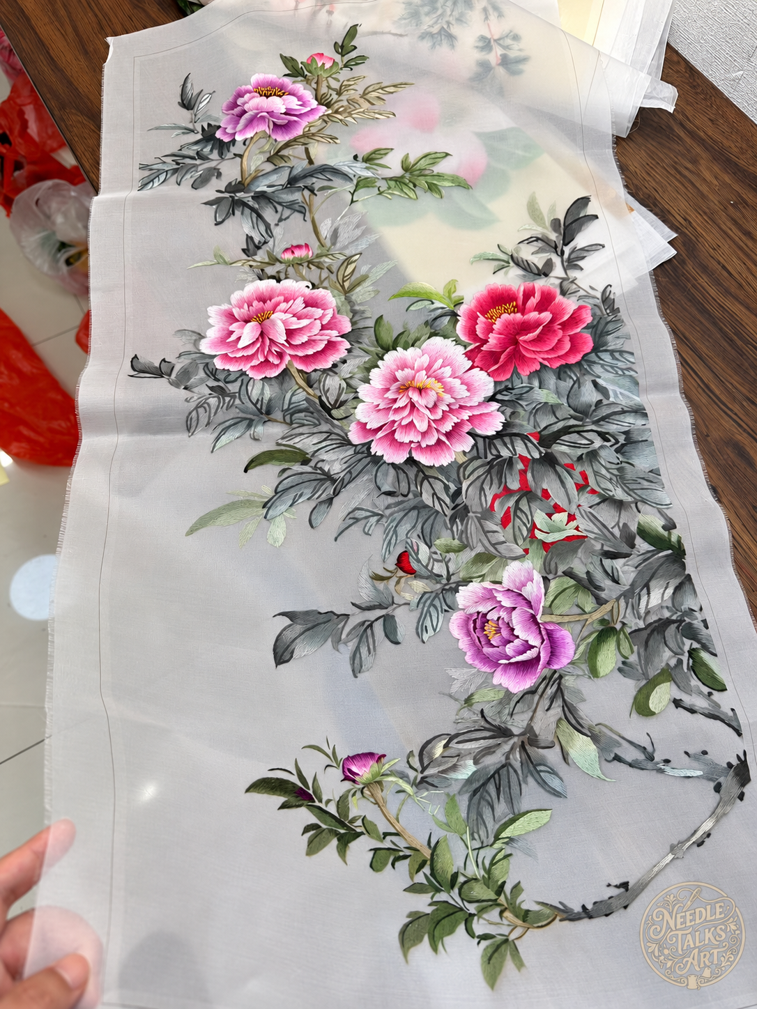 A Season of Peonies | Handcrafted Silk Embroidery Art, 50 × 100 cm, Unframed