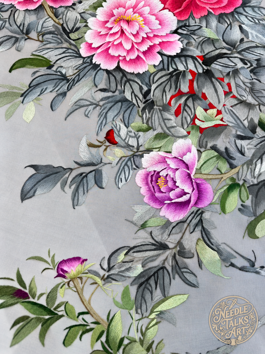 A Season of Peonies | Handcrafted Silk Embroidery Art, 50 × 100 cm, Unframed