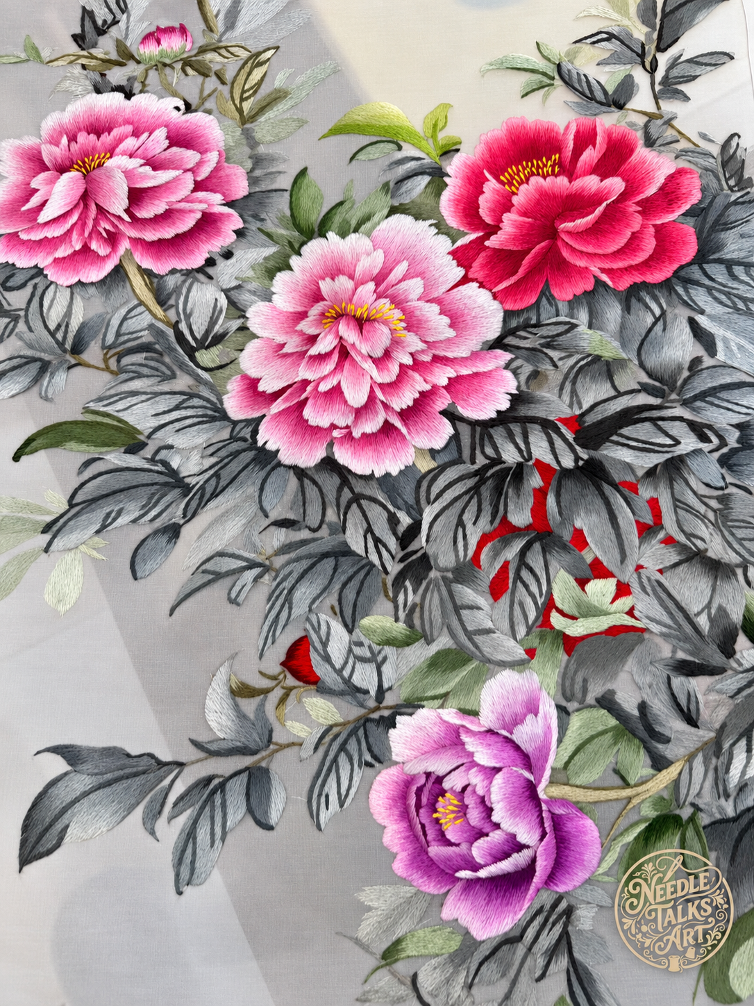 A Season of Peonies | Handcrafted Silk Embroidery Art, 50 × 100 cm, Unframed