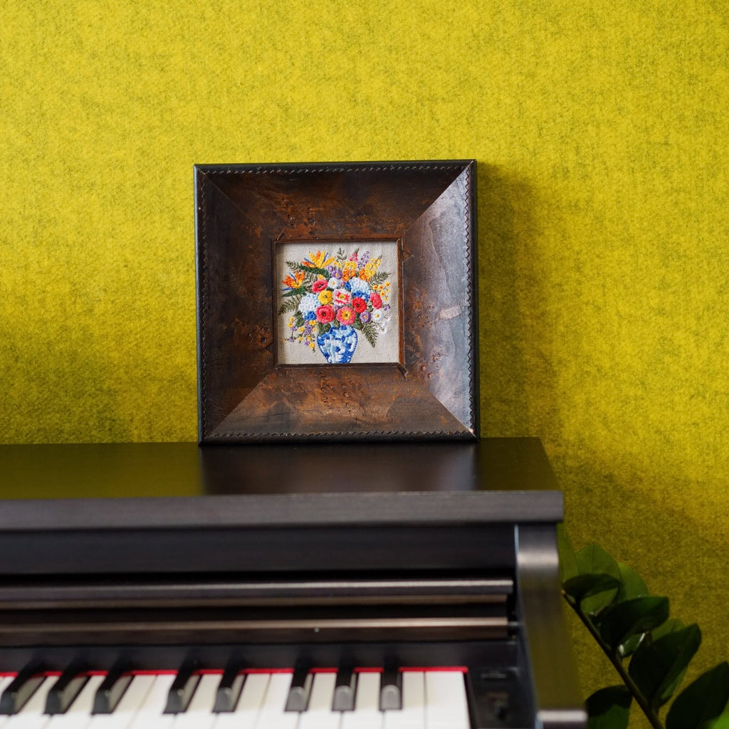 French Country Bouquet Framed Linen Embroidery Wall Art | Brown Wood Frame | 8.6" × 8.6"