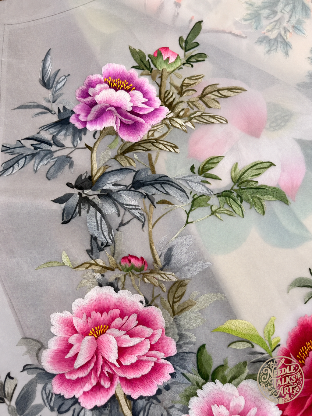 A Season of Peonies | Handcrafted Silk Embroidery Art, 50 × 100 cm, Unframed