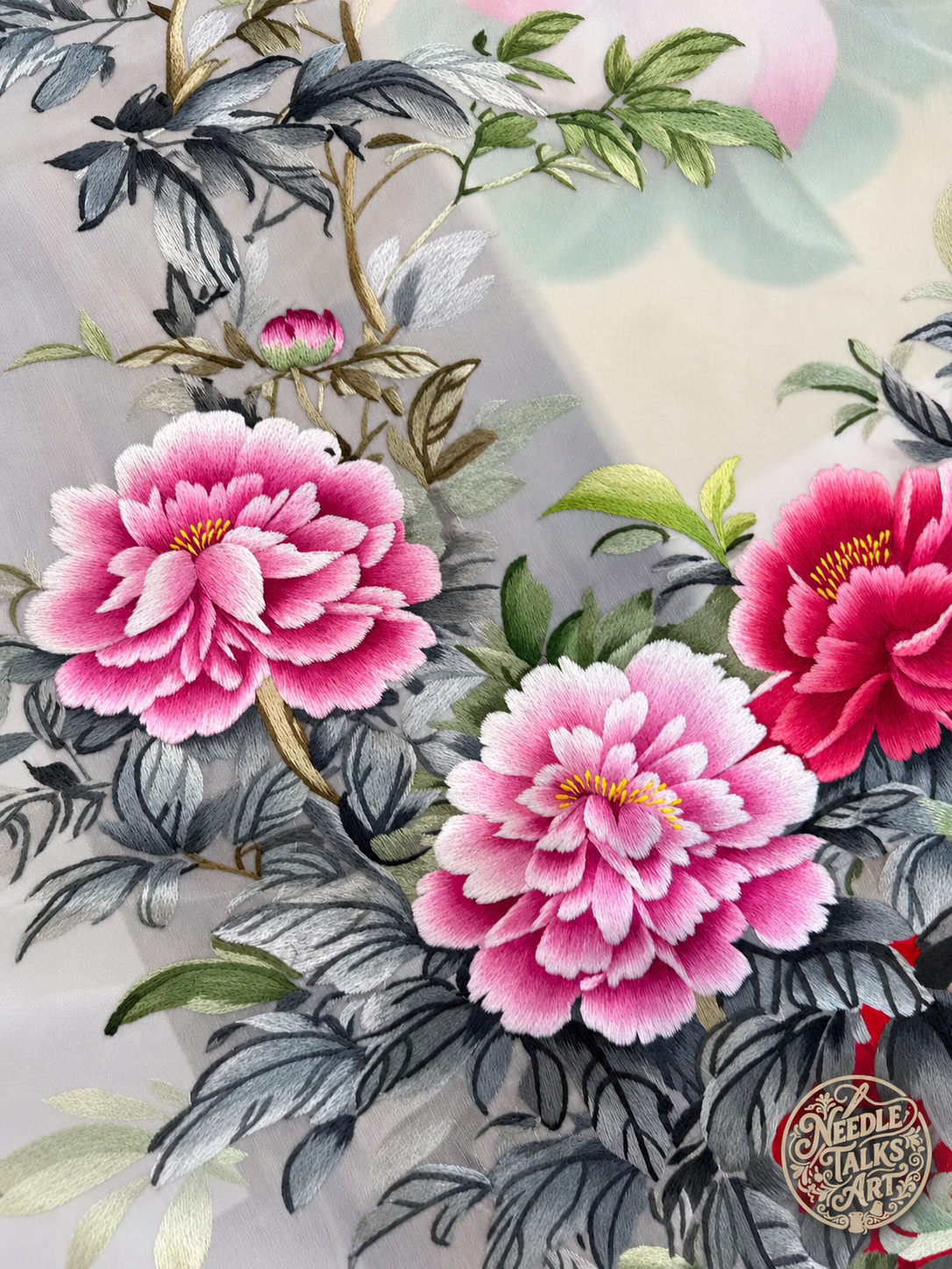 A Season of Peonies | Handcrafted Silk Embroidery Art, 50 × 100 cm, Unframed