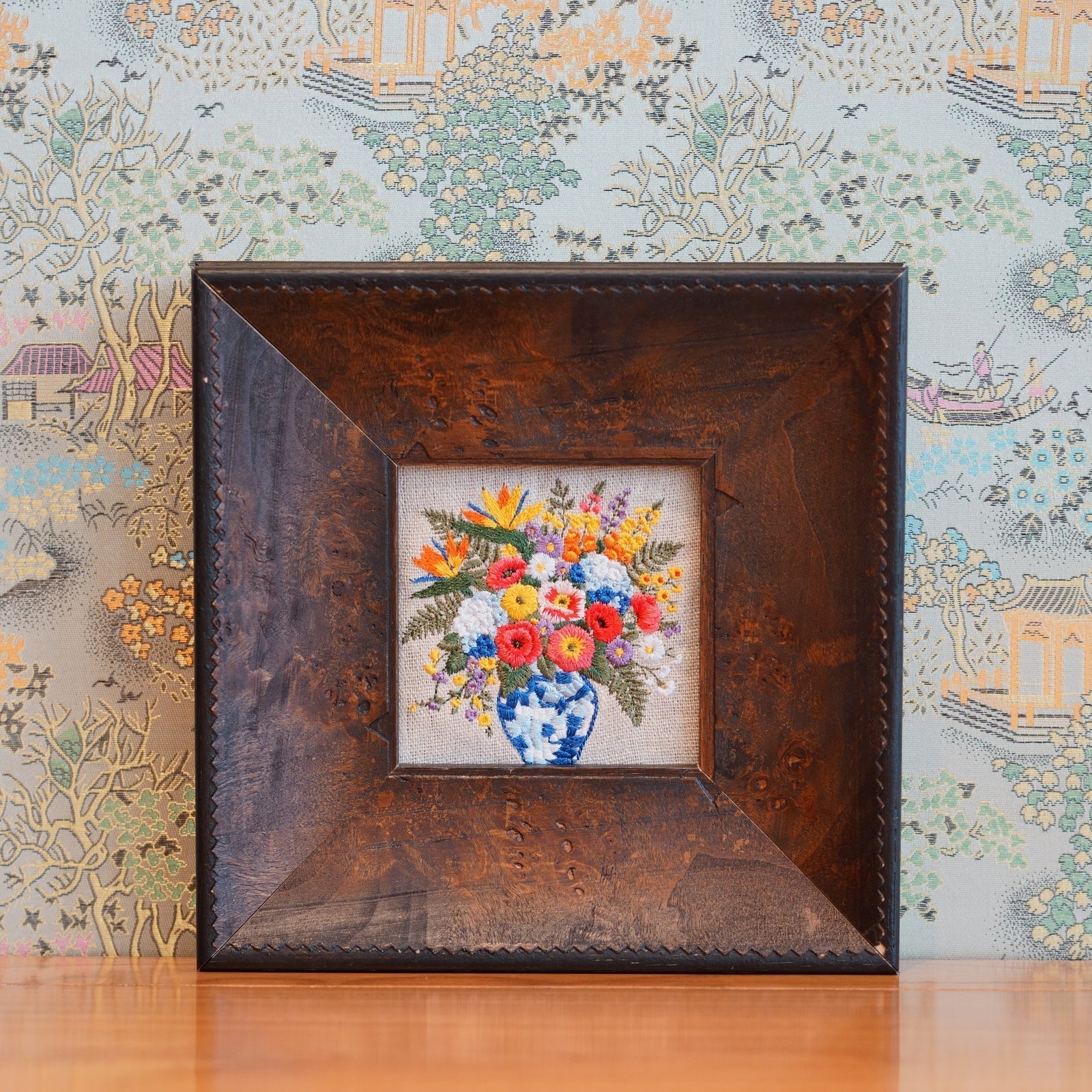 French Country Bouquet Framed Linen Embroidery Wall Art | Brown Wood Frame | 8.6" × 8.6"