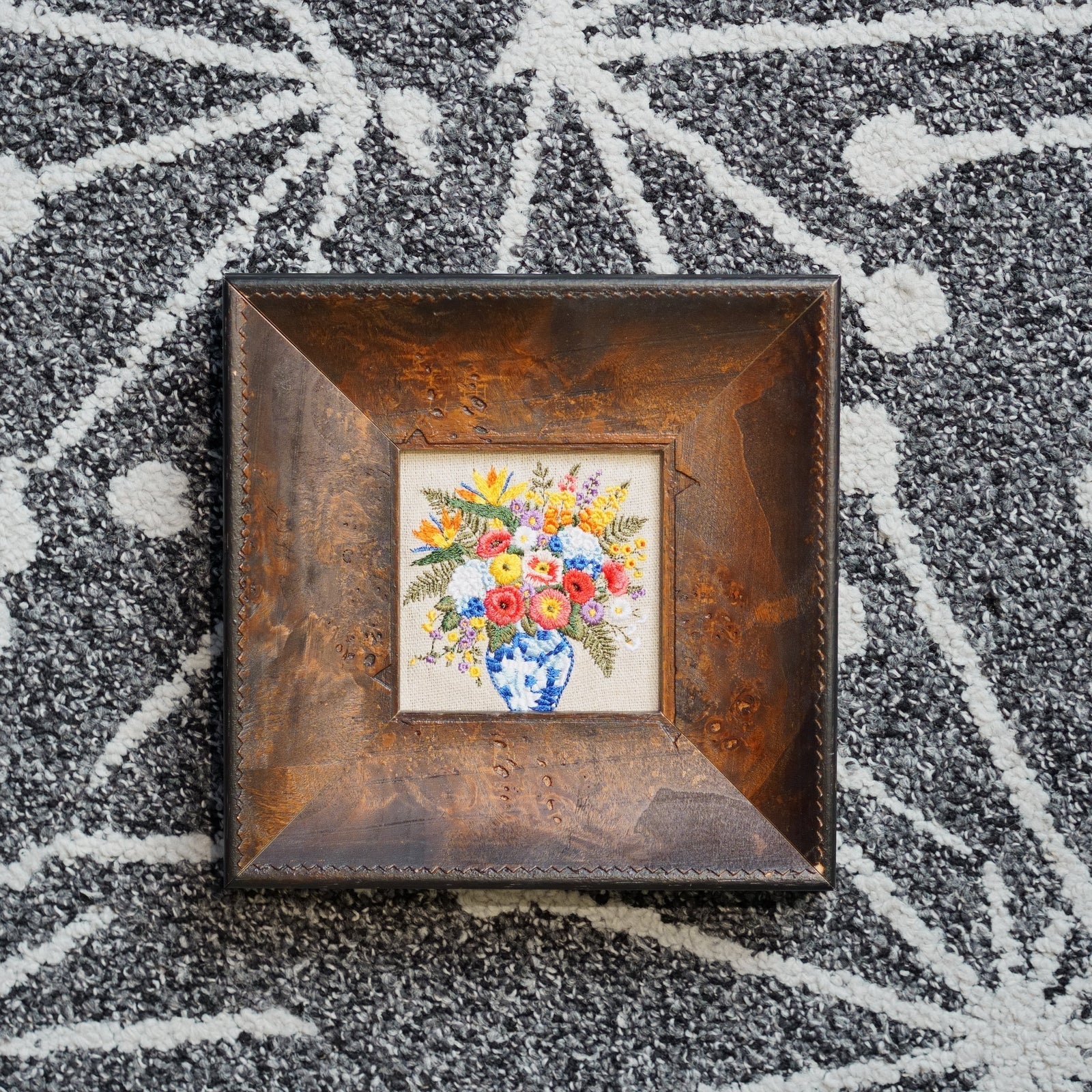 French Country Bouquet Framed Linen Embroidery Wall Art | Brown Wood Frame | 8.6" × 8.6"