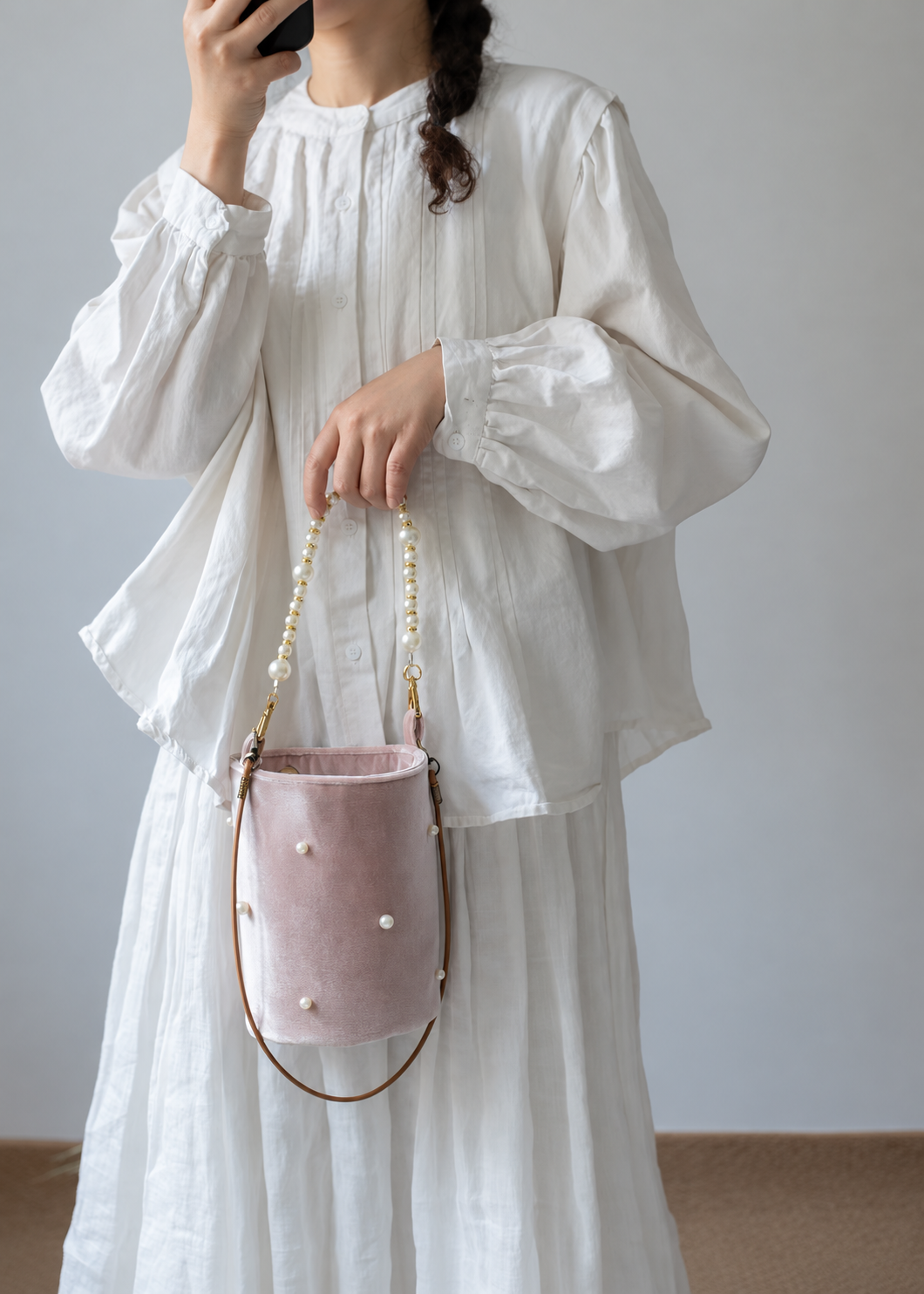 Blush Pink Velvet Bucket Bag with Pearl Handle & Shoulder Strap