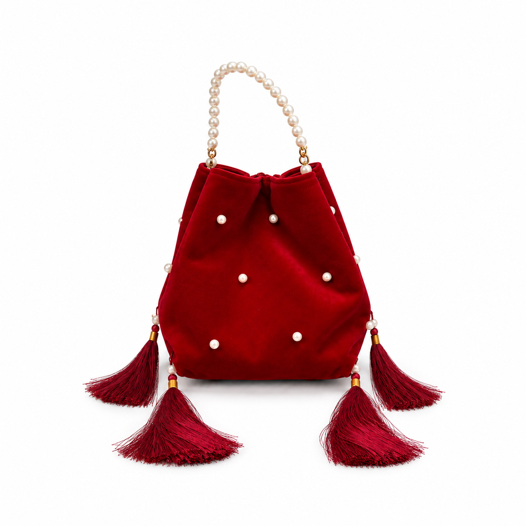 Crimson Velvet Pearl & Tassel Bucket Bag