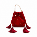 Crimson Velvet Pearl & Tassel Bucket Bag