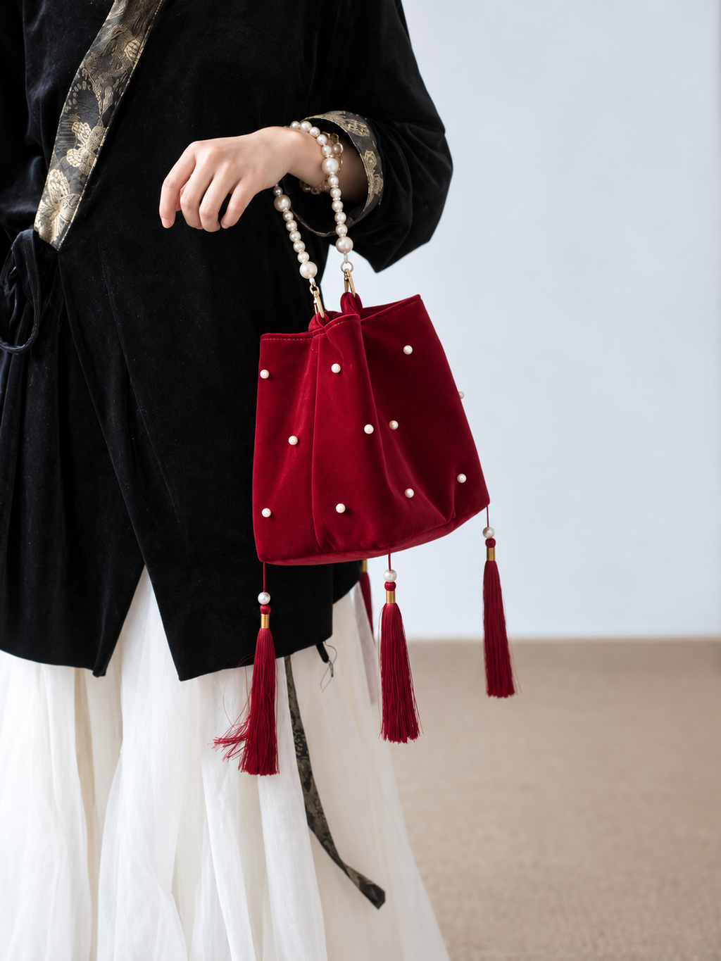 Crimson Velvet Pearl & Tassel Bucket Bag