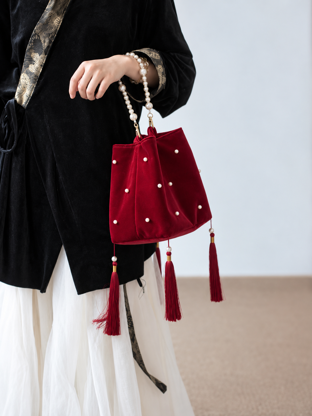 Crimson Velvet Pearl & Tassel Bucket Bag