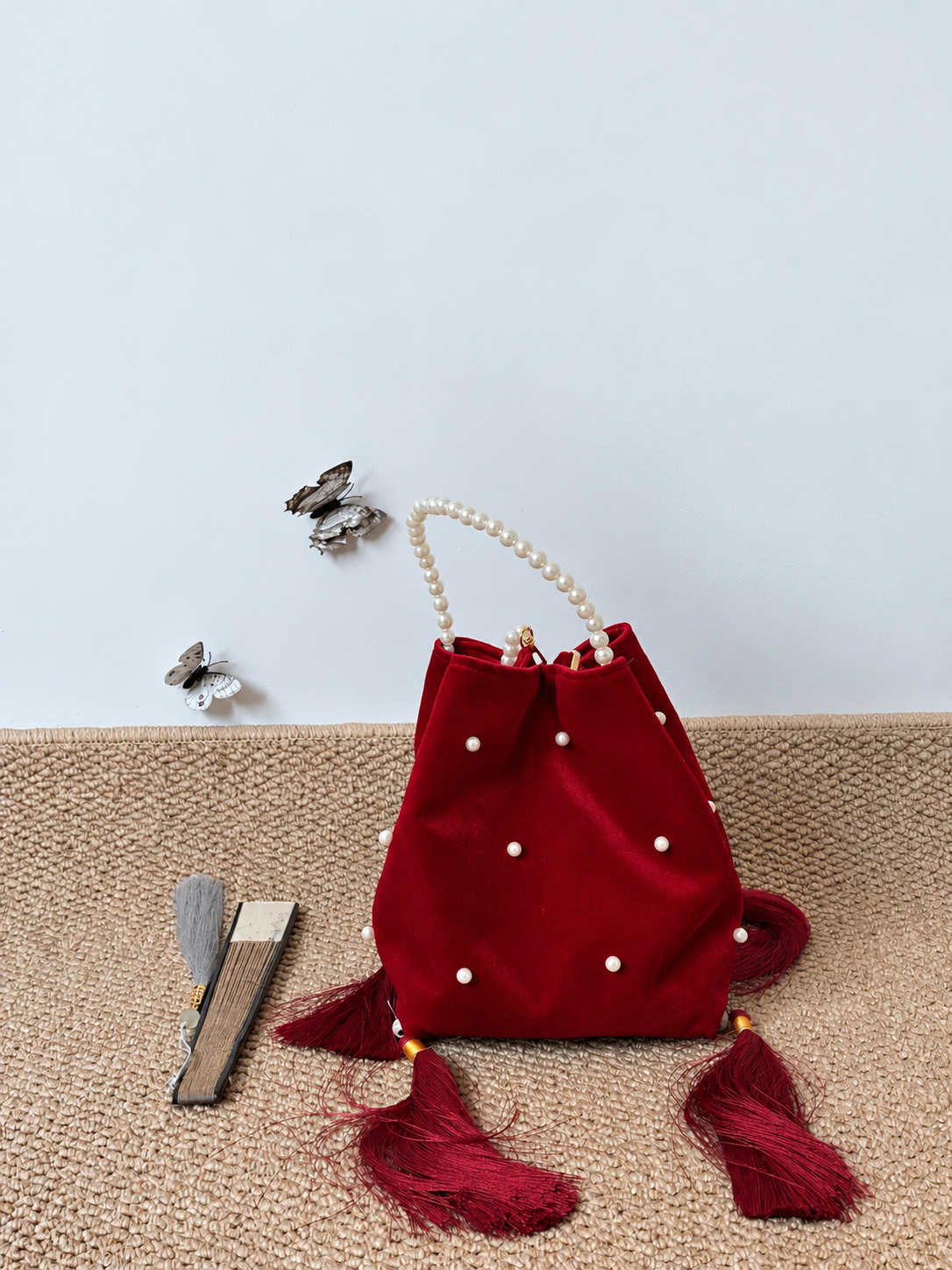 Crimson Velvet Pearl & Tassel Bucket Bag