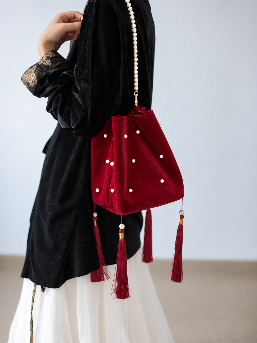 Crimson Velvet Pearl & Tassel Bucket Bag