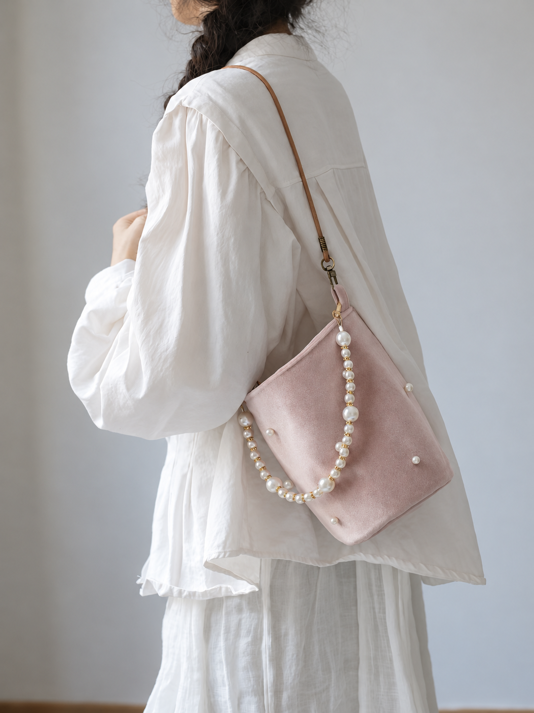 Blush Pink Velvet Bucket Bag with Pearl Handle & Shoulder Strap