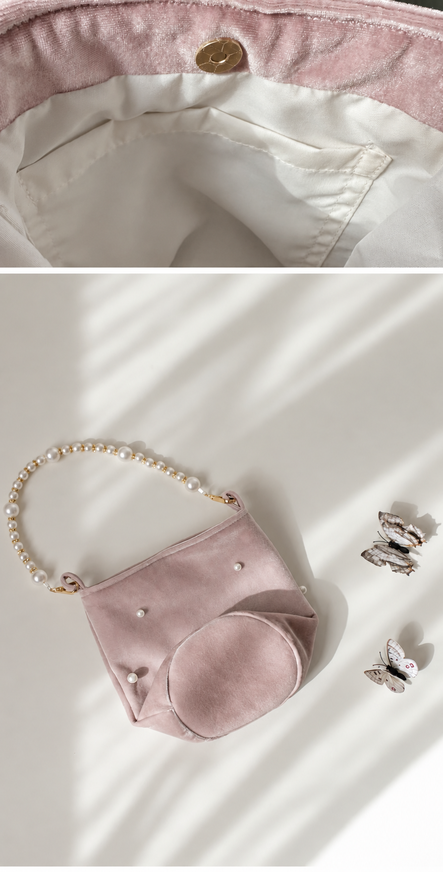 Blush Pink Velvet Bucket Bag with Pearl Handle & Shoulder Strap