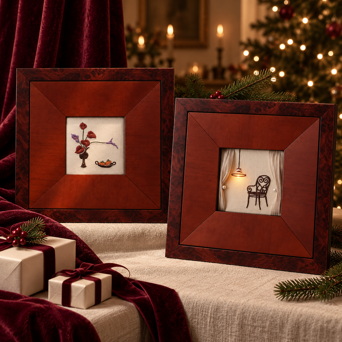 Christmas Burgundy Evenings | Autumn and Winter Embroidery Art Duo