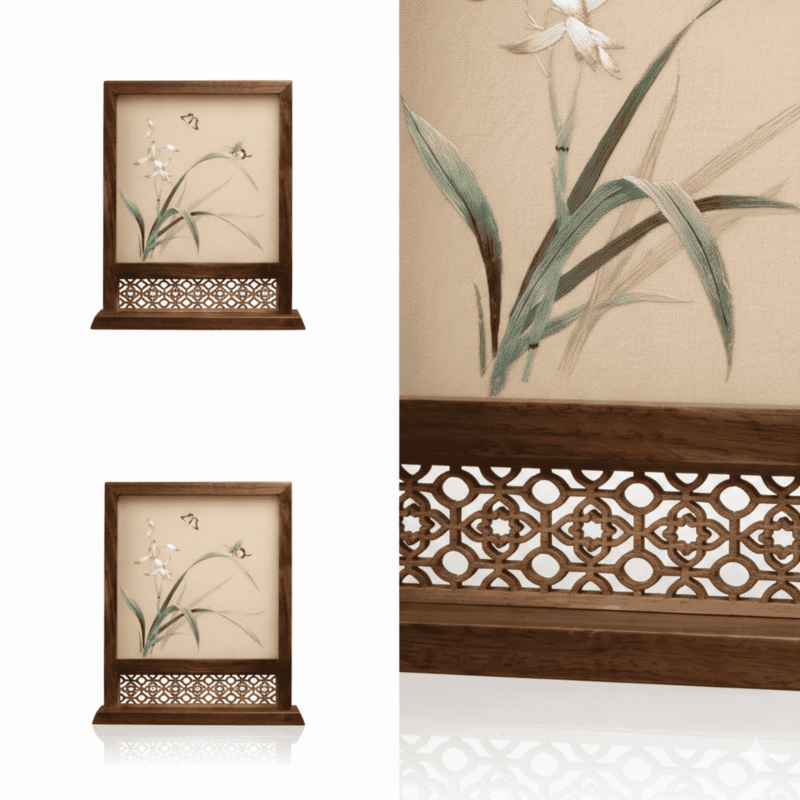 Orchid & Butterfly — Hand-Embroidered Rosewood Desk Screen