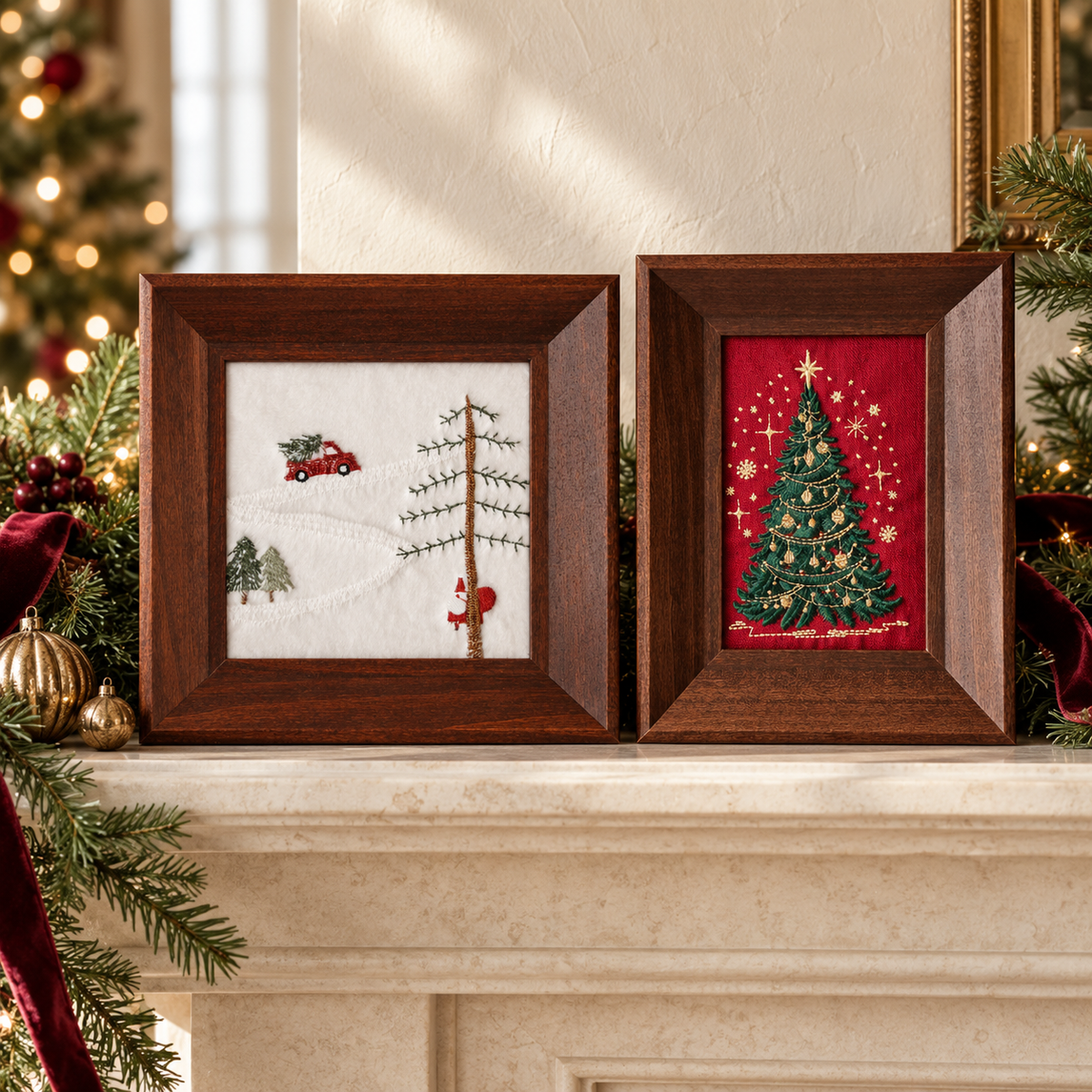 The Christmas We Treasure — Framed Embroidery Art Set of 2