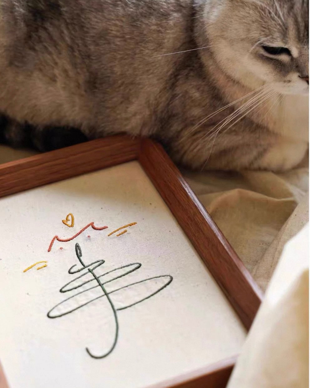 Minimalist Embroidered Cat Christmas Tree, Framed Holiday Art