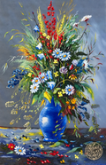 Where Wildflowers Gather silk embroidery: multicolored wildflowers in a blue vase against a gray background.