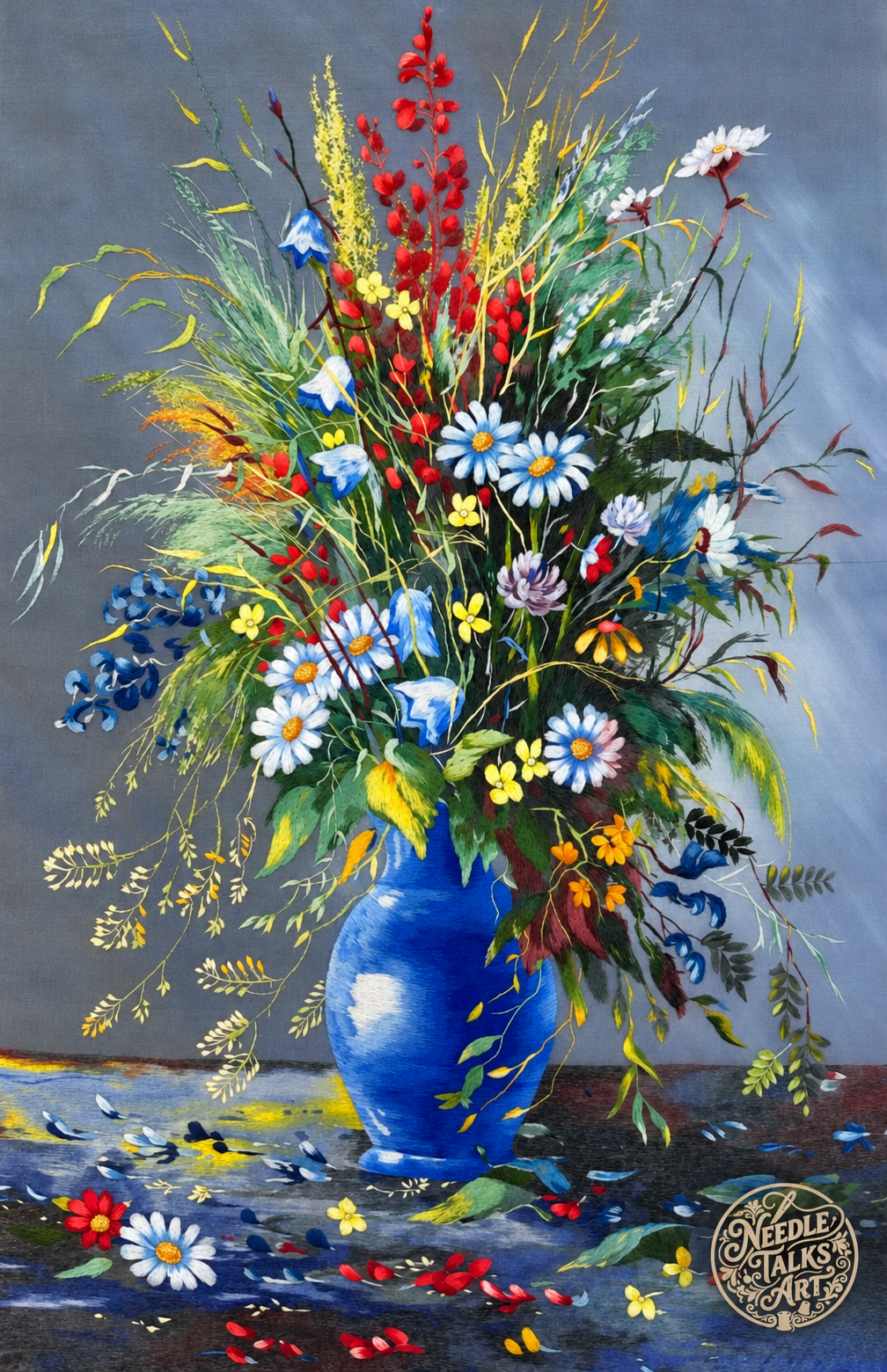 Where Wildflowers Gather silk embroidery: multicolored wildflowers in a blue vase against a gray background.