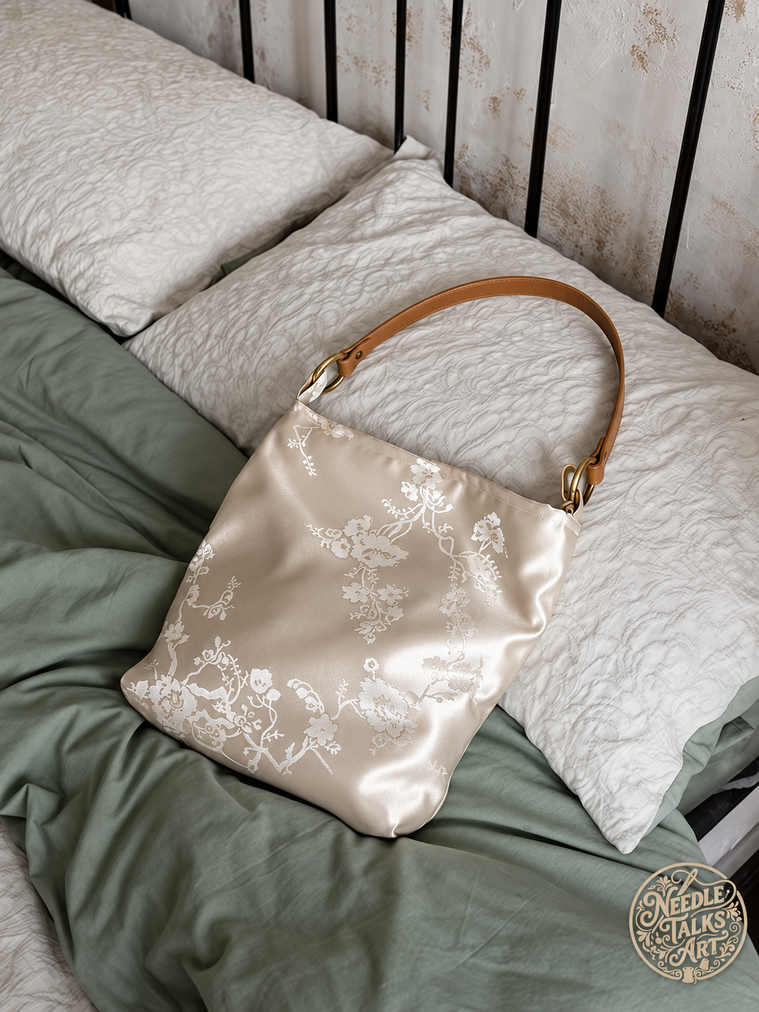 Ivory Reverie – Cream Floral Shoulder Bag with Tan Strap, Elegant Everyday Handbag