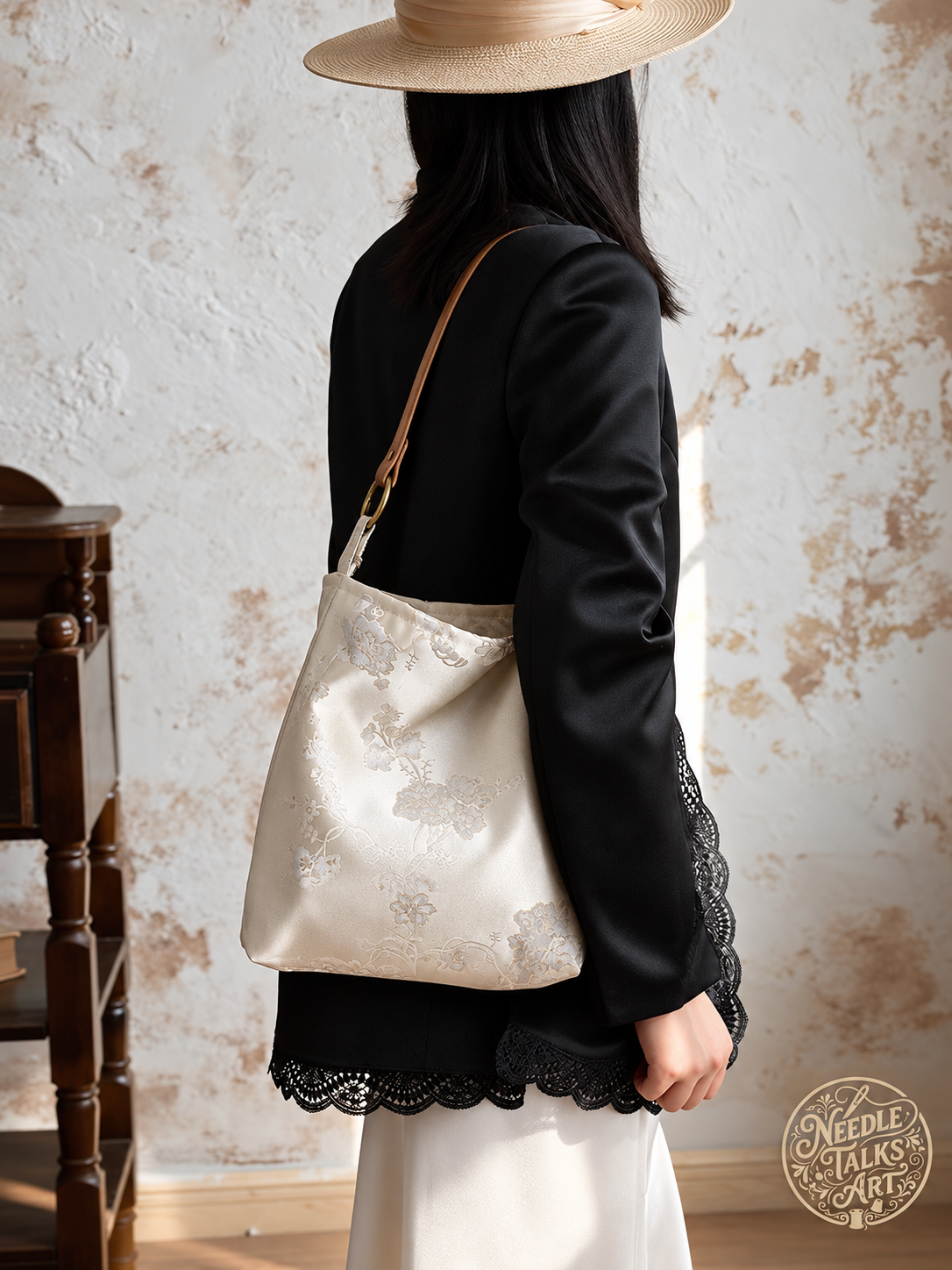Ivory Reverie – Cream Floral Shoulder Bag with Tan Strap, Elegant Everyday Handbag