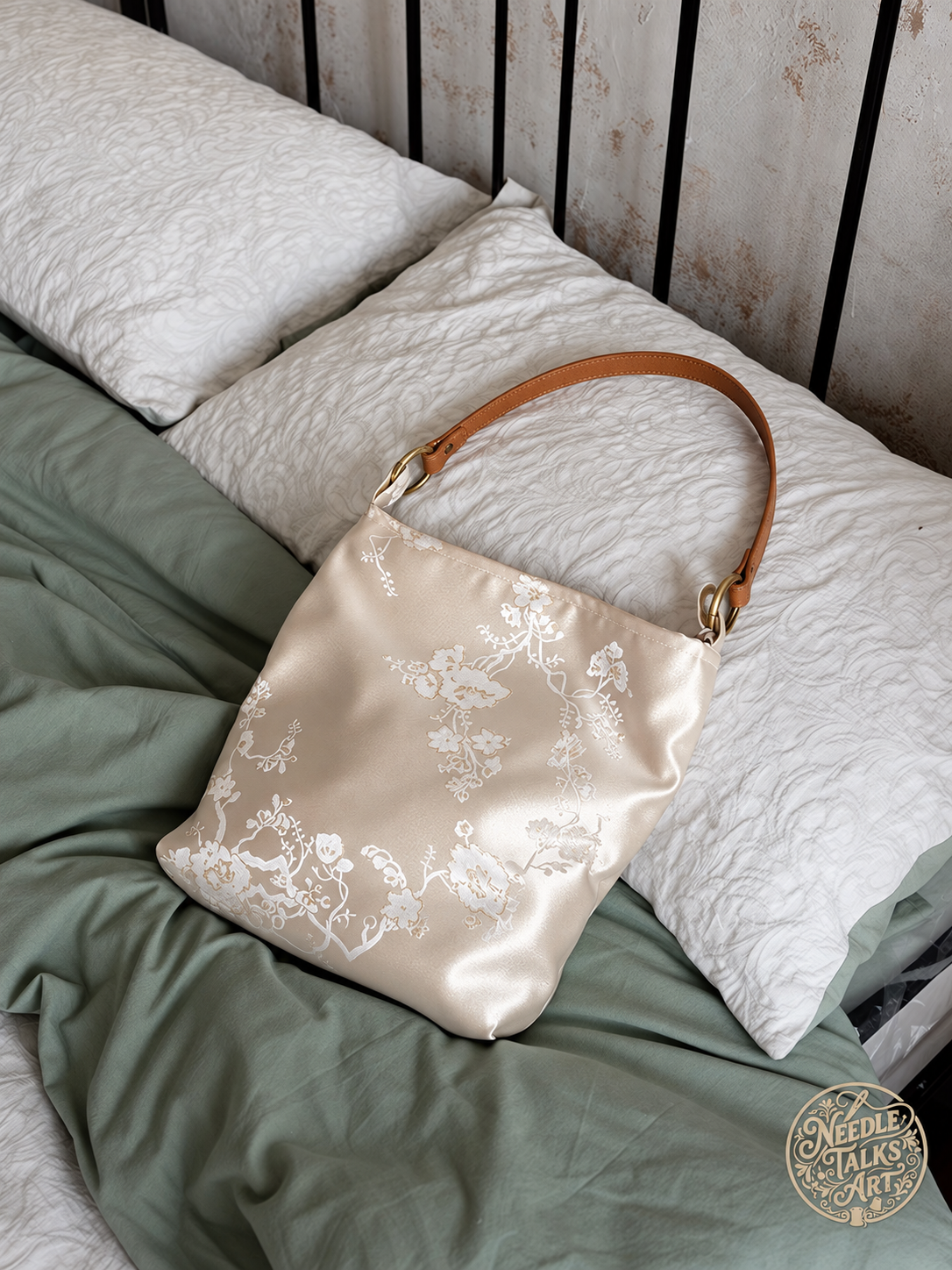 Ivory Reverie – Cream Floral Shoulder Bag with Tan Strap, Elegant Everyday Handbag