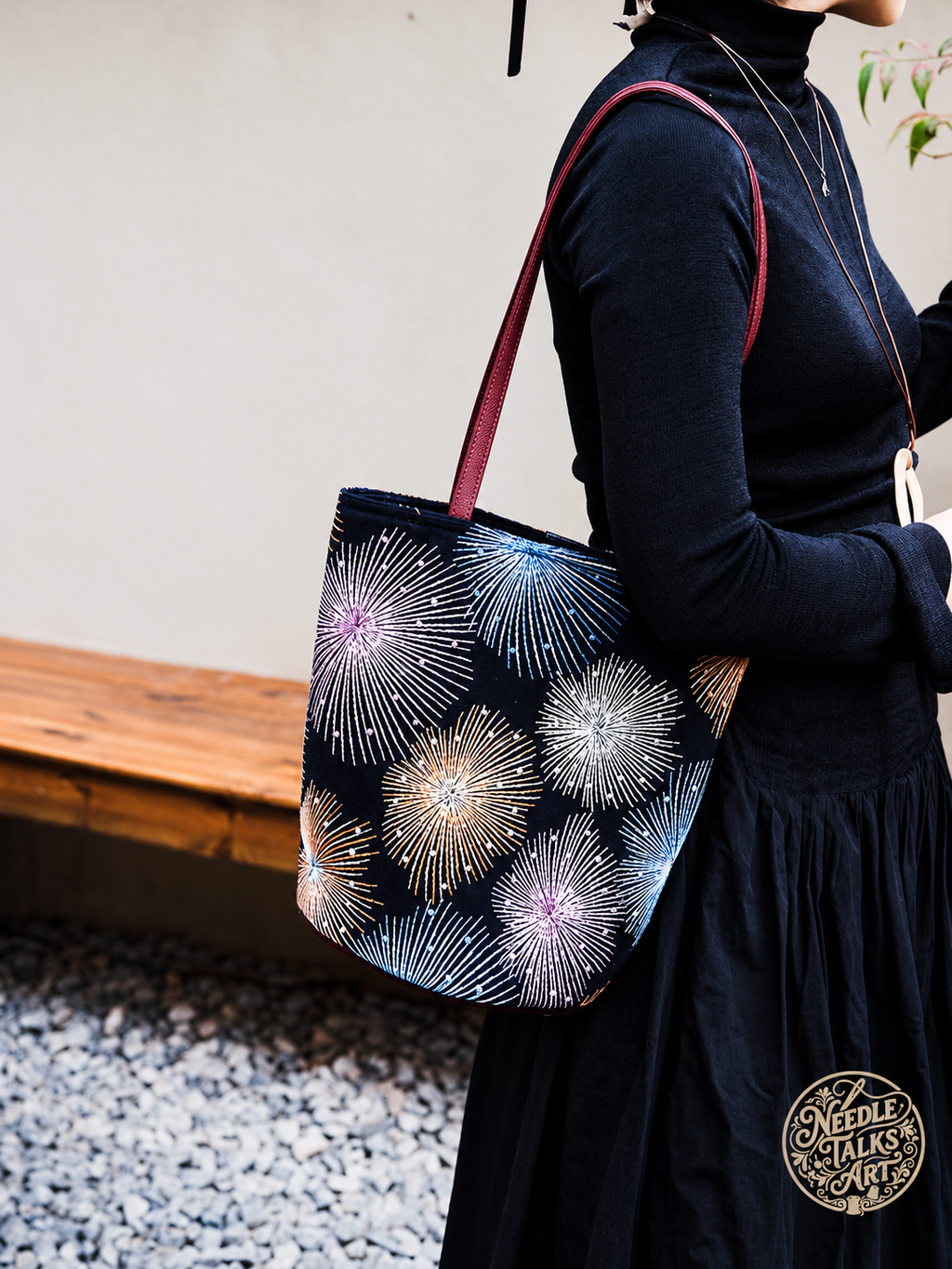 Midnight in Bloom – Firework Embroidered Shoulder Bag, Colorful Black Tote