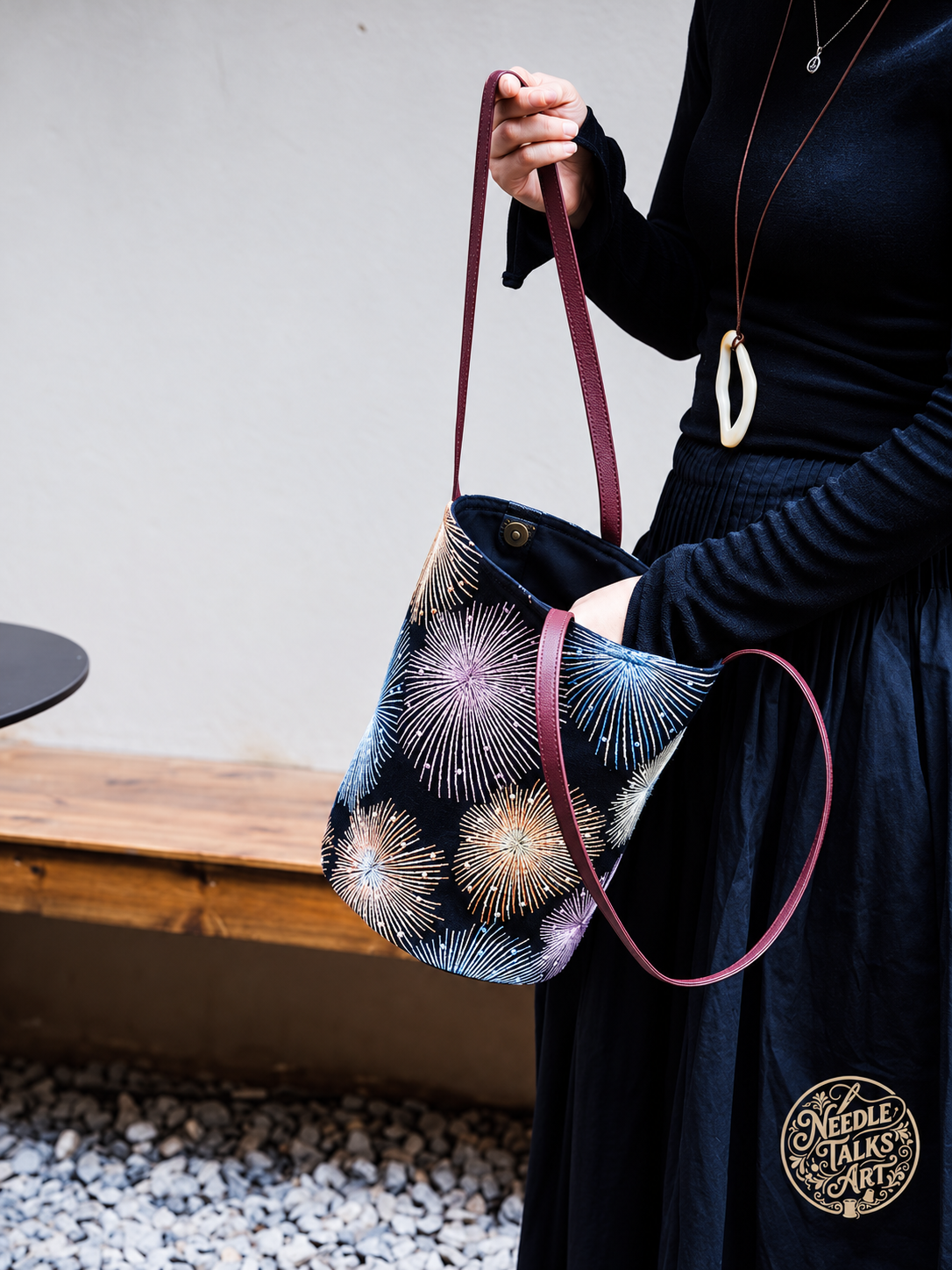 Midnight in Bloom – Firework Embroidered Shoulder Bag, Colorful Black Tote