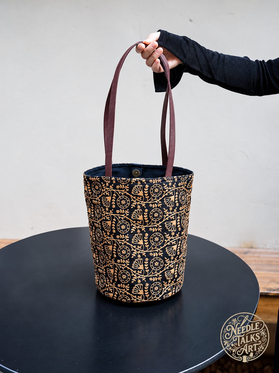 Golden Vines – Black and Gold Embroidered Bucket Tote, Floral Shoulder Bag