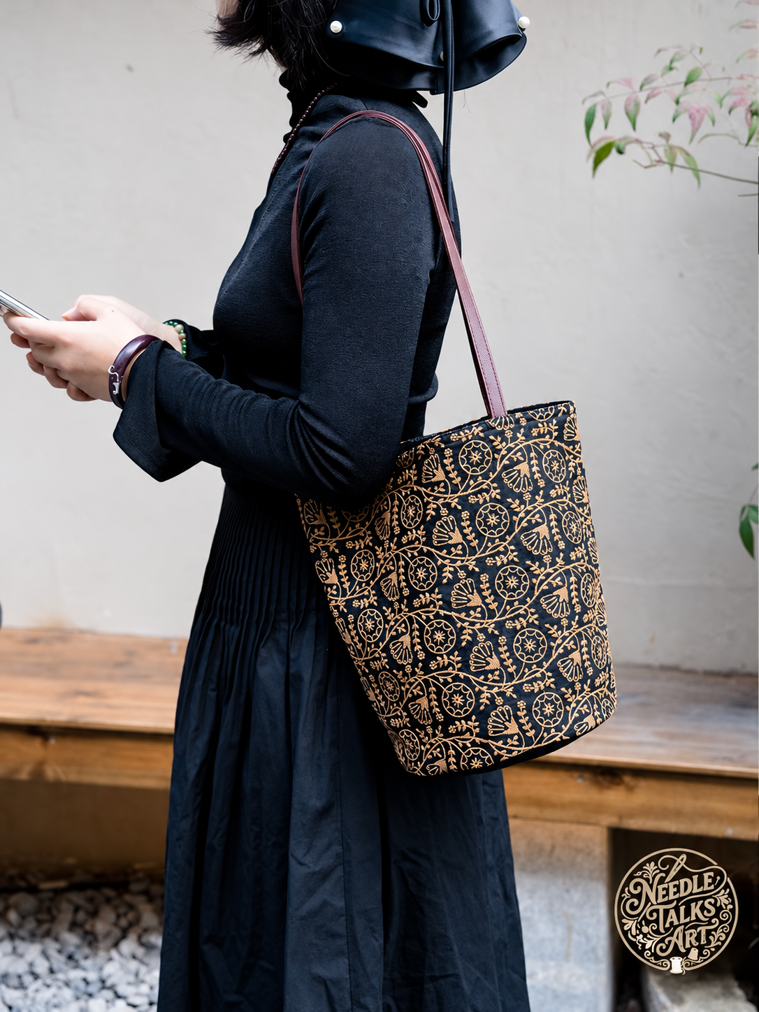 Golden Vines – Black and Gold Embroidered Bucket Tote, Floral Shoulder Bag