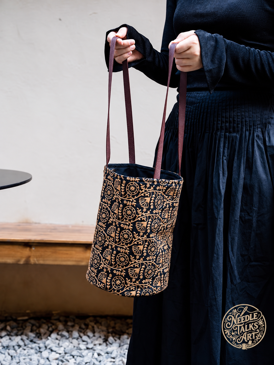 Golden Vines – Black and Gold Embroidered Bucket Tote, Floral Shoulder Bag