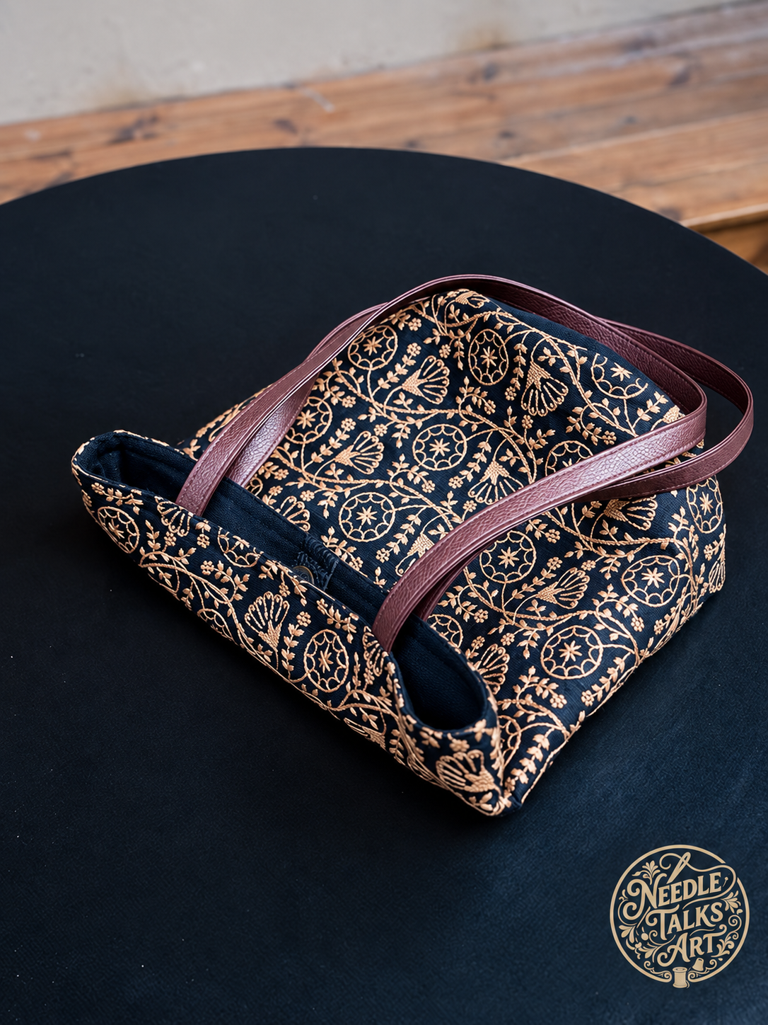 Golden Vines – Black and Gold Embroidered Bucket Tote, Floral Shoulder Bag