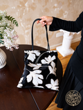Moonlit Leaves – Black and White Botanical Tote Bag with Bead and Sequin Embellishments