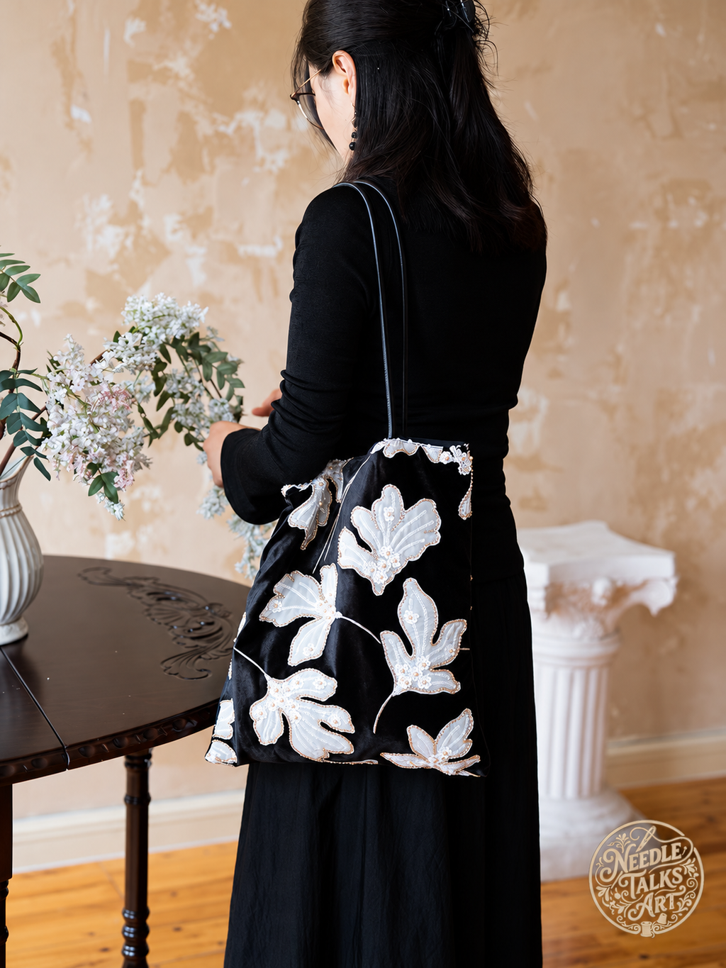 Moonlit Leaves – Black and White Botanical Tote Bag with Bead and Sequin Embellishments
