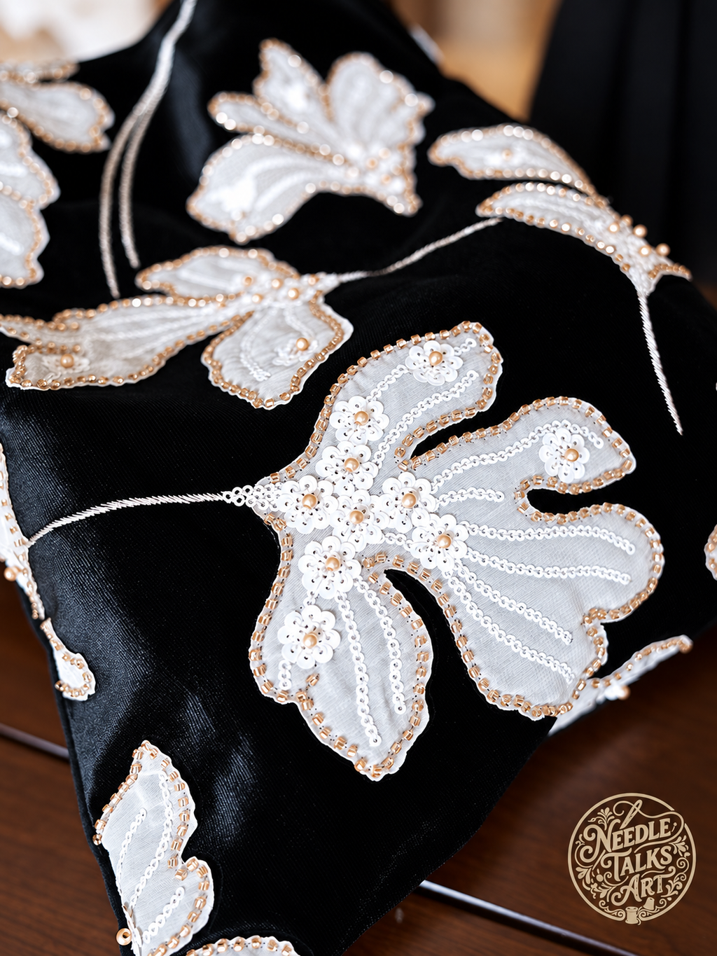 Moonlit Leaves – Black and White Botanical Tote Bag with Bead and Sequin Embellishments