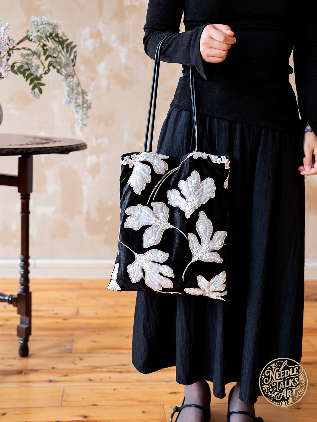 Moonlit Leaves – Black and White Botanical Tote Bag with Bead and Sequin Embellishments
