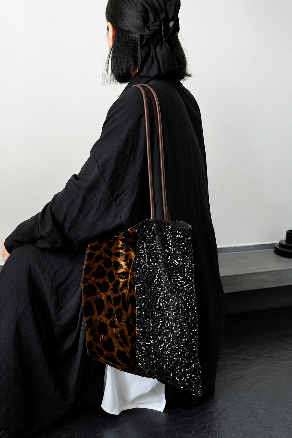 Leopard Print Silk Velvet Tote Bag with Black Sequins