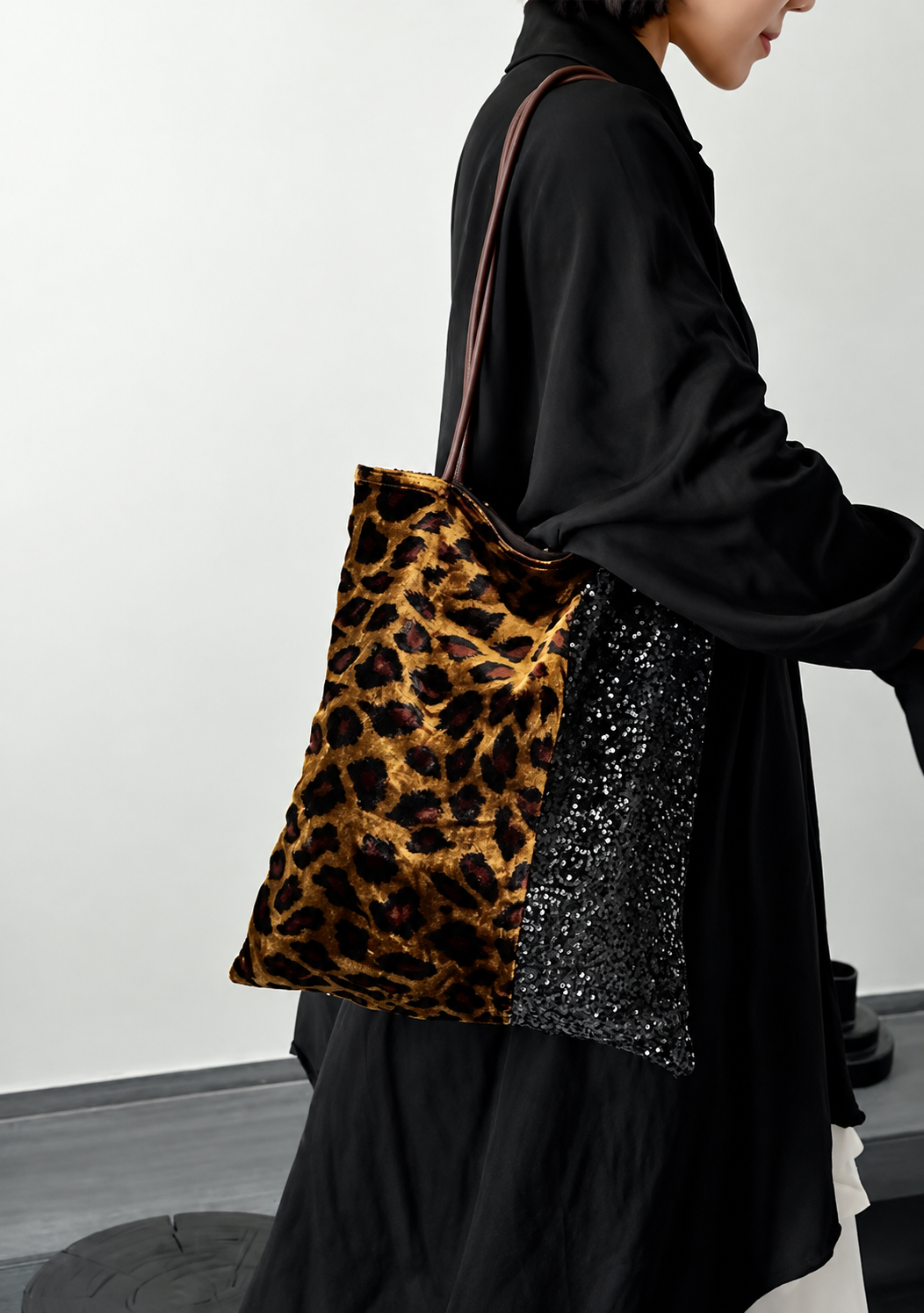 Leopard Print Silk Velvet Tote Bag with Black Sequins